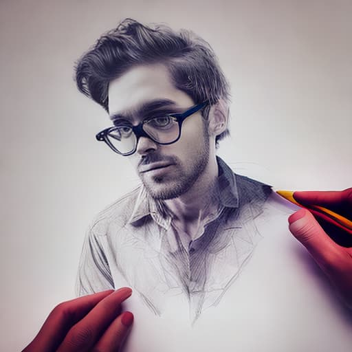 dublex style 3D, man wearing glasses, drawing motion holding pencil on the paper, half colored drawing looks like puzzle pieces