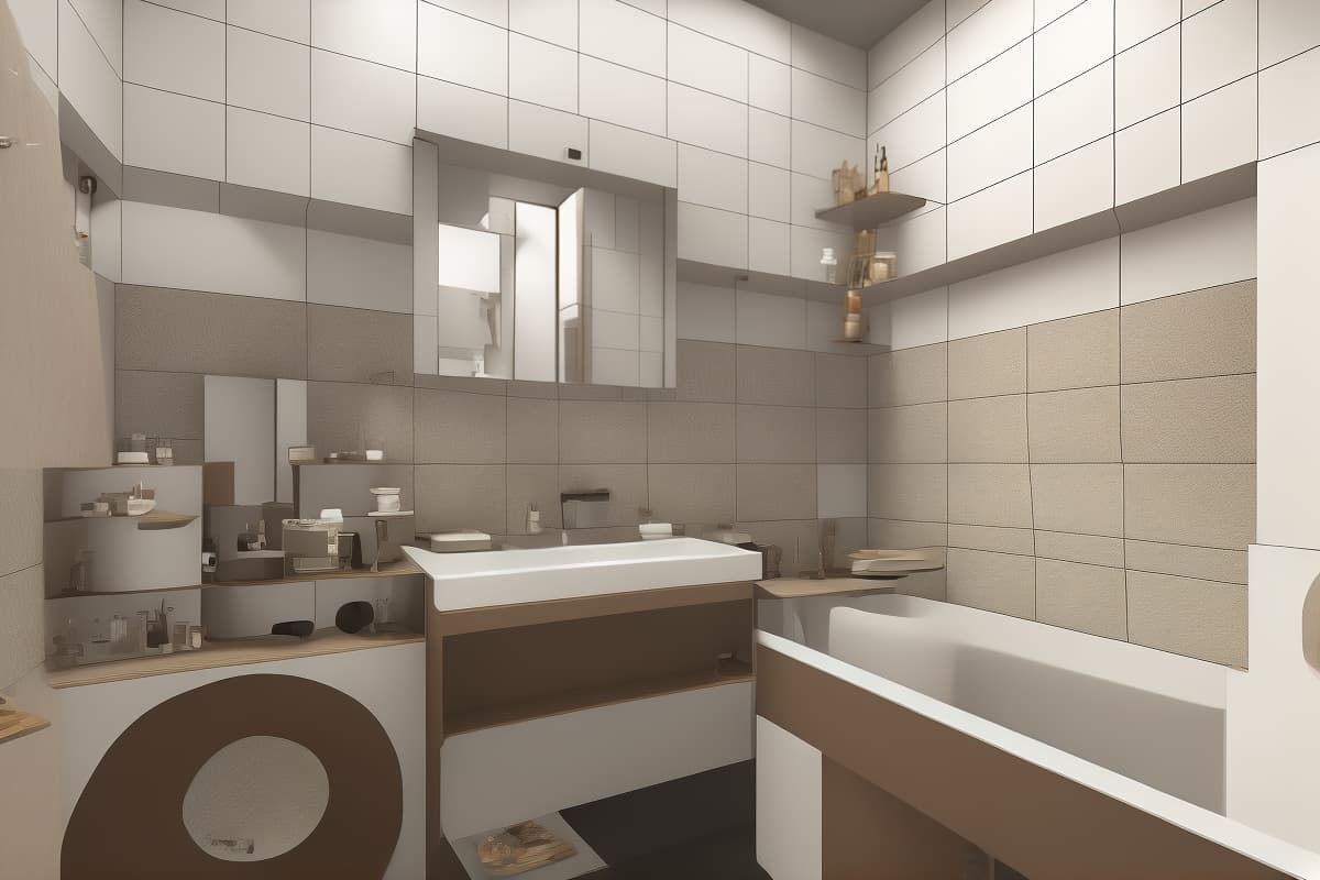  Recreate the look of a modern bathroom. The color scheme corresponds to the original, creating a cozy and inviting atmosphere. Detail, Geometry. original color, ultrarealistic photo, cinematic light, high quality, 4k HDR, 8k