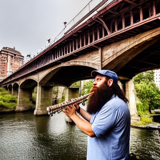  A man with a very long beard plays flute under a bridge and the rain is falling hyperrealistic, full body, detailed clothing, highly detailed, cinematic lighting, stunningly beautiful, intricate, sharp focus, f/1. 8, 85mm, (centered image composition), (professionally color graded), ((bright soft diffused light)), volumetric fog, trending on instagram, trending on tumblr, HDR 4K, 8K