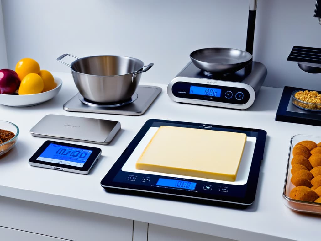  An ultradetailed image of a sleek, modern kitchen countertop with an array of hightech digital baking tools neatly arranged: a digital scale, a tablet displaying a recipe app, a smart oven with a digital interface, and a stylish digital thermometer. The background is softly blurred to keep the focus on the futuristic digital baking equipment, emphasizing the seamless integration of technology into the art of pastry making. hyperrealistic, full body, detailed clothing, highly detailed, cinematic lighting, stunningly beautiful, intricate, sharp focus, f/1. 8, 85mm, (centered image composition), (professionally color graded), ((bright soft diffused light)), volumetric fog, trending on instagram, trending on tumblr, HDR 4K, 8K