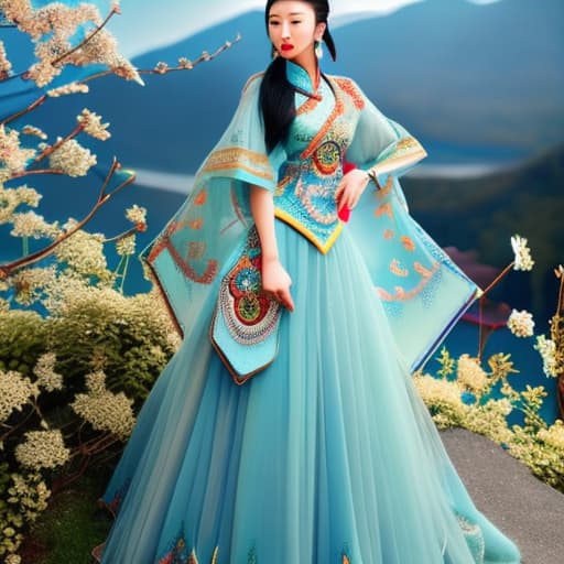 wa-vy style Young fierce Chinese woman in traditional Chinese clothes against the background of a clearing full length hyperrealistic, full body, detailed clothing, highly detailed, cinematic lighting, stunningly beautiful, intricate, sharp focus, f/1. 8, 85mm, (centered image composition), (professionally color graded), ((bright soft diffused light)), volumetric fog, trending on instagram, trending on tumblr, HDR 4K, 8K