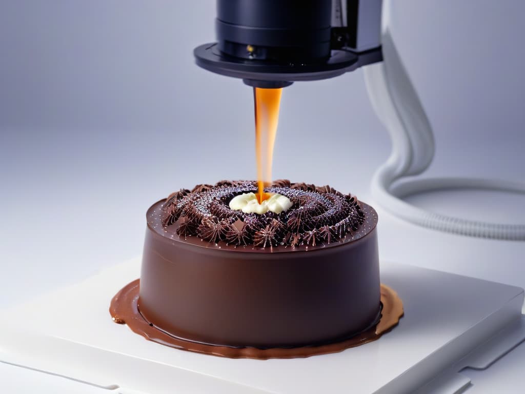  An image of a sleek, futuristic 3D chocolate printer in action, meticulously crafting intricate chocolate sculptures with precision and artistry. The machine is elegantly designed with a minimalist aesthetic, showcasing the cuttingedge technology behind the process. The focus is on the mesmerizing details of the chocolate being delicately extruded layer by layer, creating a sense of wonder and innovation in the world of 3D chocolate printing. hyperrealistic, full body, detailed clothing, highly detailed, cinematic lighting, stunningly beautiful, intricate, sharp focus, f/1. 8, 85mm, (centered image composition), (professionally color graded), ((bright soft diffused light)), volumetric fog, trending on instagram, trending on tumblr, HDR 4K, 8K