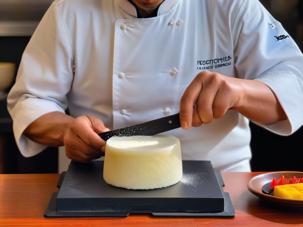  A closeup, ultradetailed image of a skilled Japanese chef delicately crafting a piece of mochi with precision and focus. The chef's hands are skillfully shaping the sticky rice cake, showcasing the intricate process of mochimaking. The minimalist background highlights the chef's expertise and the artistry involved in creating this traditional Japanese delicacy. hyperrealistic, full body, detailed clothing, highly detailed, cinematic lighting, stunningly beautiful, intricate, sharp focus, f/1. 8, 85mm, (centered image composition), (professionally color graded), ((bright soft diffused light)), volumetric fog, trending on instagram, trending on tumblr, HDR 4K, 8K