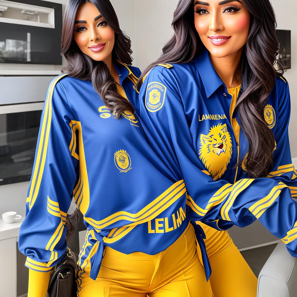  An air hostess wears a blue and yellow colour osari with lion image to represent sri lankan cricket team . It should be include as "innings lanka airlines". It should be include sri lankan lions'images. hyperrealistic, full body, detailed clothing, highly detailed, cinematic lighting, stunningly beautiful, intricate, sharp focus, f/1. 8, 85mm, (centered image composition), (professionally color graded), ((bright soft diffused light)), volumetric fog, trending on instagram, trending on tumblr, HDR 4K, 8K