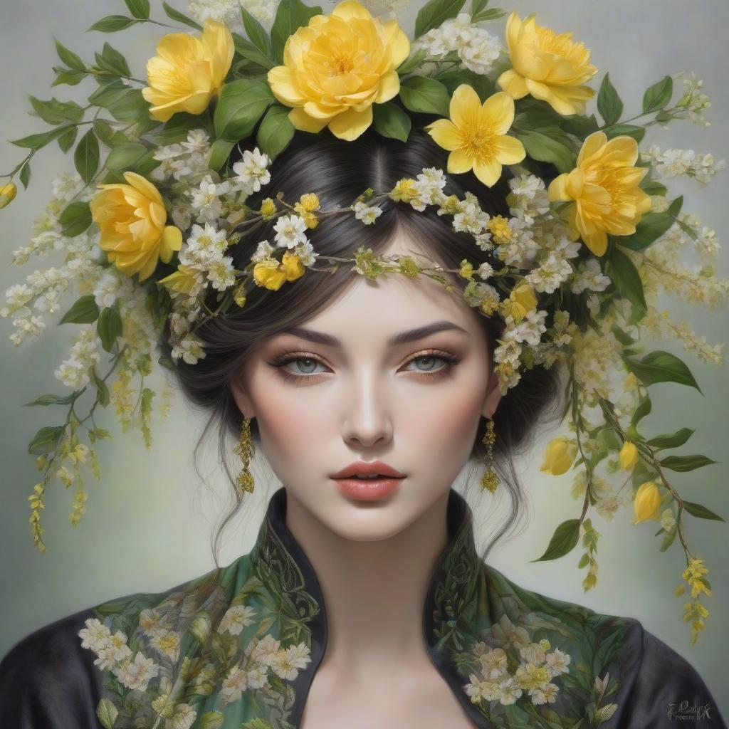  hyperrealistic art Create a charcoal, graphite, chalk and crayon artwork of a young mysterious lady surrounded by tapestry of awakening fresh green and fresh yellow spring branches and leaves and blossoms. Her lovely close up face enigma framed by a floral crown. Petals cling to her gown, whispering secrets of the awakening season. Colors grey and black, green and yellow. . extremely high resolution details, photographic, realism pushed to extreme, fine texture, incredibly lifelike hyperrealistic, full body, detailed clothing, highly detailed, cinematic lighting, stunningly beautiful, intricate, sharp focus, f/1. 8, 85mm, (centered image composition), (professionally color graded), ((bright soft diffused light)), volumetric fog, trending on instagram, trending on tumblr, HDR 4K, 8K