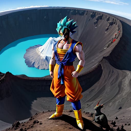  A Saiyan, standing in the crater of a volcano with a dragon beside him.