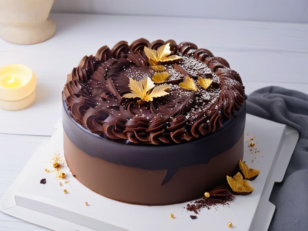  An ultradetailed image of a glossy, decadent chocolate cake topped with intricate chocolate shavings and delicate edible gold leaf, presented on a sleek, modern white porcelain plate. The cake is set against a stark black backdrop, emphasizing its rich texture and luxurious appearance. hyperrealistic, full body, detailed clothing, highly detailed, cinematic lighting, stunningly beautiful, intricate, sharp focus, f/1. 8, 85mm, (centered image composition), (professionally color graded), ((bright soft diffused light)), volumetric fog, trending on instagram, trending on tumblr, HDR 4K, 8K