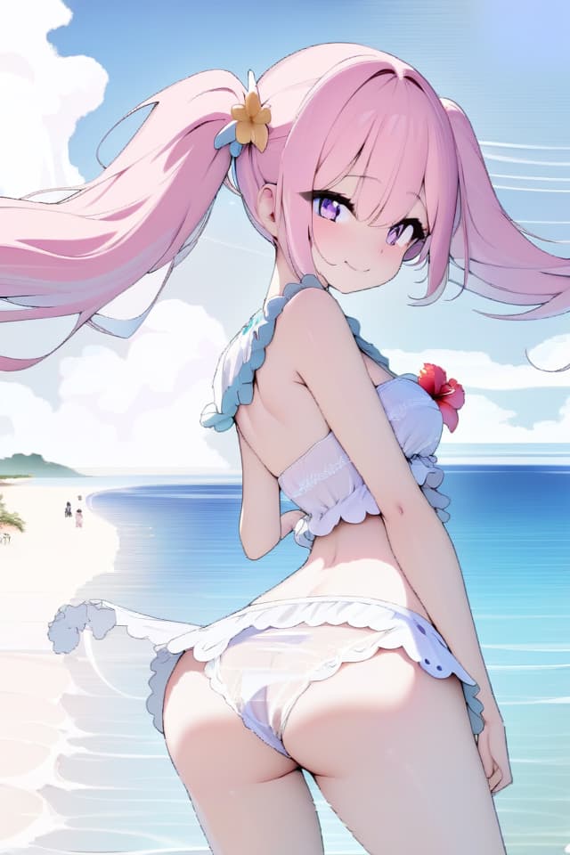  ,big s,pink hair,twin tails,purple eyes,sea,sea time,fashionable ,pink ,beautiful ,cute,beautiful,smile,hibiscus,summer、(absurd detailed:1.4、best quality:1.4、masterpiece:1.4)、Open ,,pink ,big s、,high exposure、 out