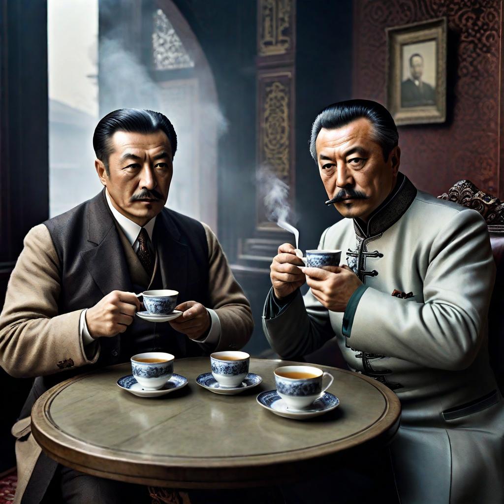  Turkish reformist Tevfik Fikret and Chinese writer Lu Xun are drinking tea in Istanbul hyperrealistic, full body, detailed clothing, highly detailed, cinematic lighting, stunningly beautiful, intricate, sharp focus, f/1. 8, 85mm, (centered image composition), (professionally color graded), ((bright soft diffused light)), volumetric fog, trending on instagram, trending on tumblr, HDR 4K, 8K