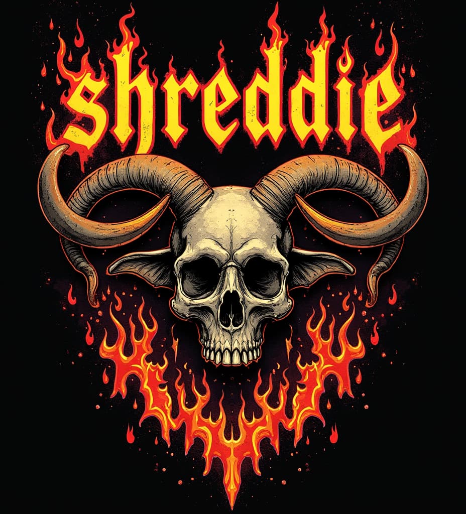  good quality, high quality, metal shirt design. fire and melting elements are part of design. organs are strewn about. the letters "shreddie" on top of the design. wild western themes and design elements are on the shirt as well