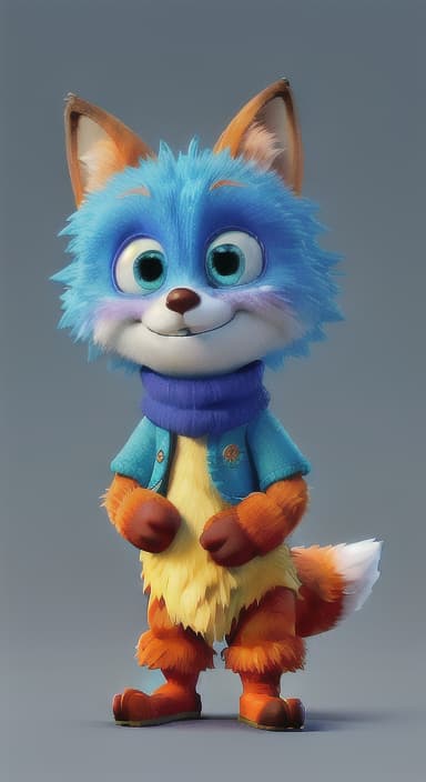  {Error the fox pressing the blue button with his paw, looking puzzled as nothing occurs., Error is a small, bright orange fox with a fluffy tail and big, inquisitive eyes. He has a mischievous yet kind expression and wears a tiny green scarf.