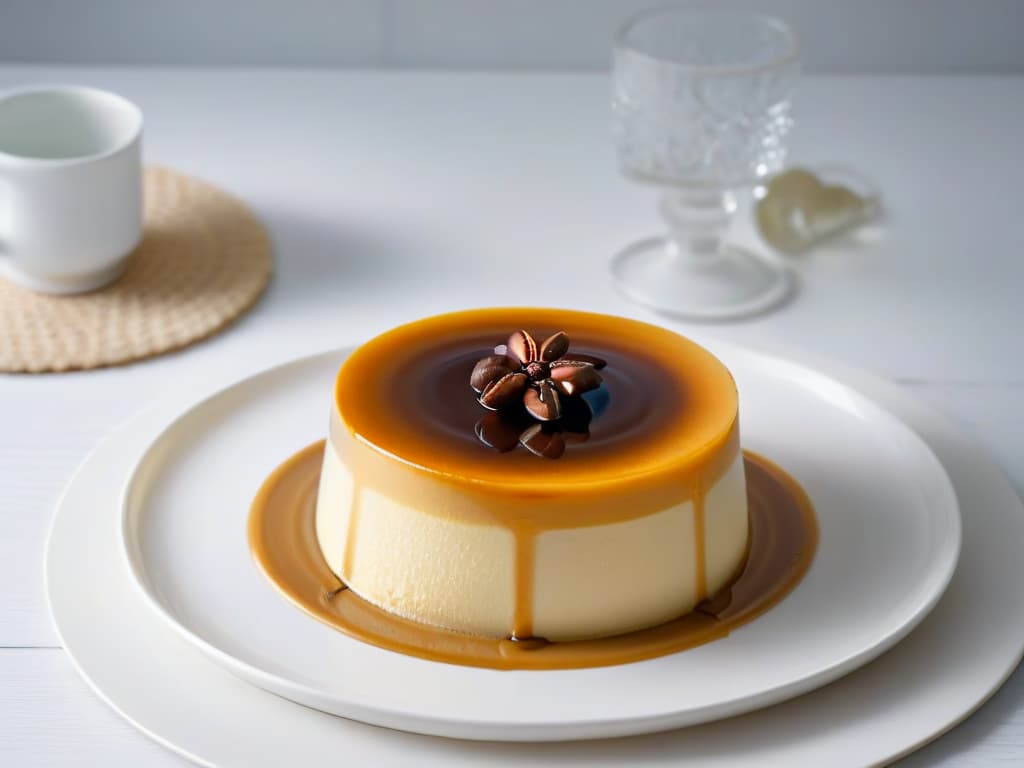  A minimalist image of a smooth and creamy coffee flan garnished with a single coffee bean on top, set on a sleek white dessert plate. The flan is perfectly set, reflecting a soft glow under a gentle spotlight, highlighting its velvety texture and rich coffee color. The background is blurred to keep the focus solely on the elegant simplicity of the dessert, evoking a sense of sophistication and indulgence. hyperrealistic, full body, detailed clothing, highly detailed, cinematic lighting, stunningly beautiful, intricate, sharp focus, f/1. 8, 85mm, (centered image composition), (professionally color graded), ((bright soft diffused light)), volumetric fog, trending on instagram, trending on tumblr, HDR 4K, 8K