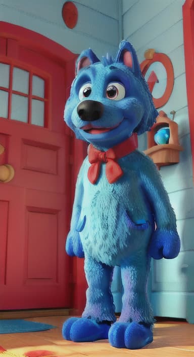  {Max the big blue dog standing in front of a cozy little house with a red door, The big blue dog is large with sky blue fur, big round eyes, a black nose, and floppy ears.