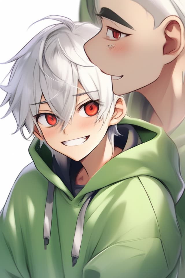  (Fresh green park) (smiling) (silver hair) (red eyes) (Parker) (Gentle illustration style) (gentle illustration style) High Quality, Best, Texture, Contrast, 16 mer, SUPER HANDSOME, UPPER BODY ONLY, SHORT CUT, SHORT CUT, SHORT CUT, (Silver Hair, Red Eye Color), 8k, 16k, in Hoodie