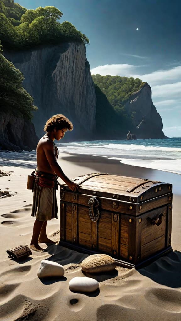  (A moonlit beach with towering cliffs and dense forests in the background. Eli is digging in the sand, his shovel striking a weathered wooden chest. Scattered around the chest are ancient artifacts carved bones, silver amulets, and rolled up scrolls. The setting is from the late 18th or early 19th century, reflecting the time period of the pirate queen's reign.) hyperrealistic, full body, detailed clothing, highly detailed, cinematic lighting, stunningly beautiful, intricate, sharp focus, f/1. 8, 85mm, (centered image composition), (professionally color graded), ((bright soft diffused light)), volumetric fog, trending on instagram, trending on tumblr, HDR 4K, 8K