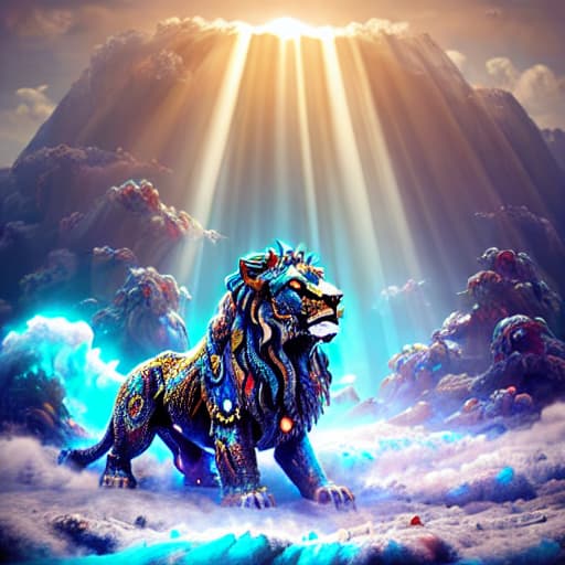 a photo of ddfusion style lion transformed into a big crystal monster in a big animated ocean hyperrealistic, full body, detailed clothing, highly detailed, cinematic lighting, stunningly beautiful, intricate, sharp focus, f/1. 8, 85mm, (centered image composition), (professionally color graded), ((bright soft diffused light)), volumetric fog, trending on instagram, trending on tumblr, HDR 4K, 8K