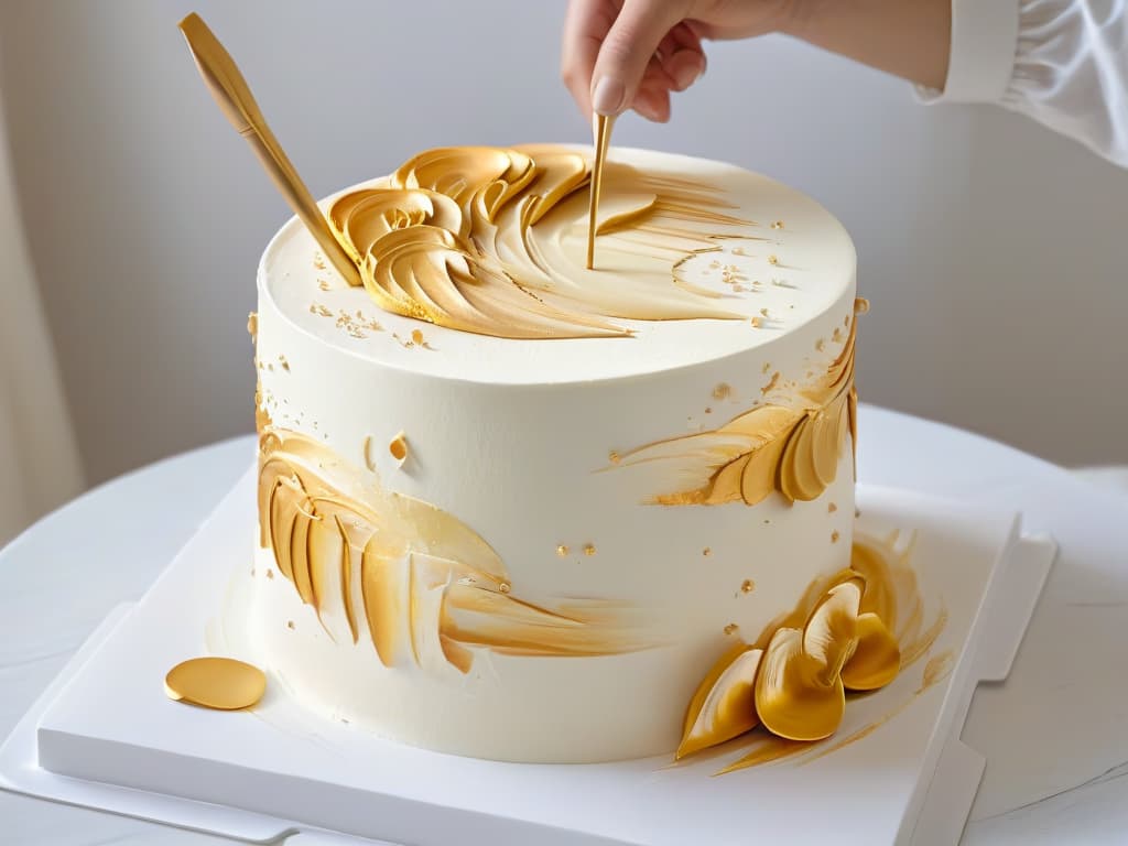  A closeup, ultradetailed image of a hand delicately painting intricate golden brush strokes on a pristine white fondant cake. The focus is on the precision of the artist's movements, capturing the shimmer of the edible gold paint as it transforms the cake into a work of art. The background is softly blurred, emphasizing the elegance and skill of the decorator in a minimalistic style that exudes sophistication and creativity. hyperrealistic, full body, detailed clothing, highly detailed, cinematic lighting, stunningly beautiful, intricate, sharp focus, f/1. 8, 85mm, (centered image composition), (professionally color graded), ((bright soft diffused light)), volumetric fog, trending on instagram, trending on tumblr, HDR 4K, 8K