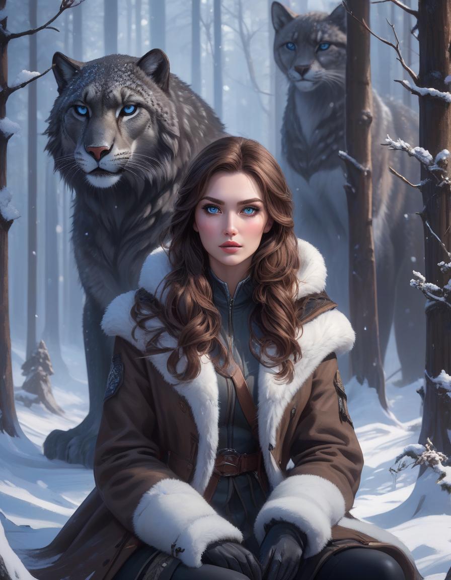  horror themed Create a portrait of a young woman with a determined expression in a snowy forest. The woman is seated, with long wavy chestnut brown hair, cool fair skin and expressive grey blue eyes. She is dressed in a dark brown, robust coat, dusted with snow powder. A snow panther sits next to her. On her shoulder is a falcon. The coat is hood less and appears heavy. On her shoulder she wears a quiver with arrows visible. In the background, snow covered pine trees and gently falling snowflakes are blurred, emphasising the calm but gloomy winter atmosphere. . eerie, unsettling, dark, spooky, suspenseful, grim, highly detailed hyperrealistic, full body, detailed clothing, highly detailed, cinematic lighting, stunningly beautiful, intricate, sharp focus, f/1. 8, 85mm, (centered image composition), (professionally color graded), ((bright soft diffused light)), volumetric fog, trending on instagram, trending on tumblr, HDR 4K, 8K