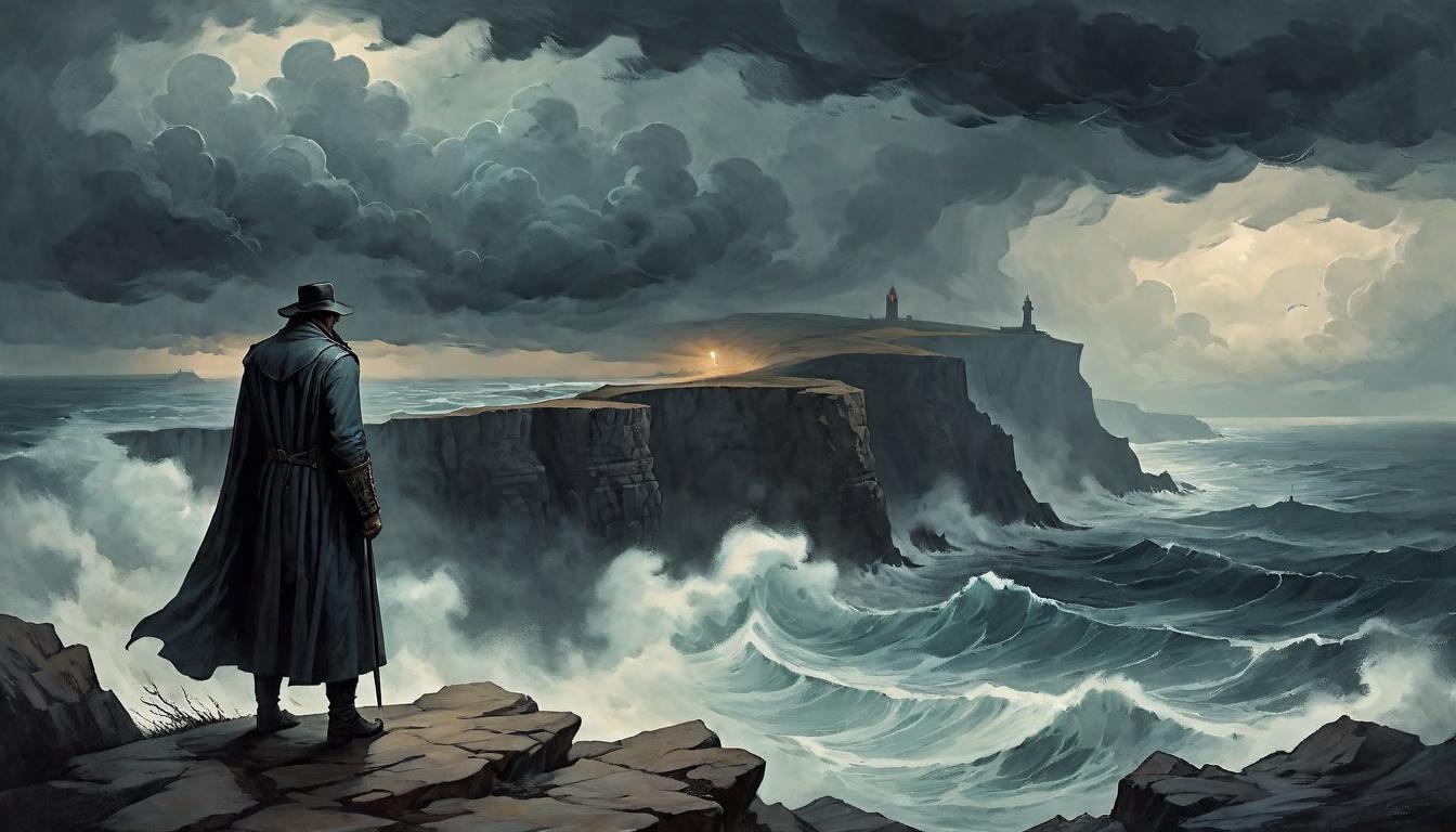  on parchment, surrealism+++, A shadowy figure stands at the edge of a cliff, overlooking a tempestuous sea under a stormy sky, resilience in solitude, ominous, power in calmness(mysterious, provocative, symbolic,muted color)+++