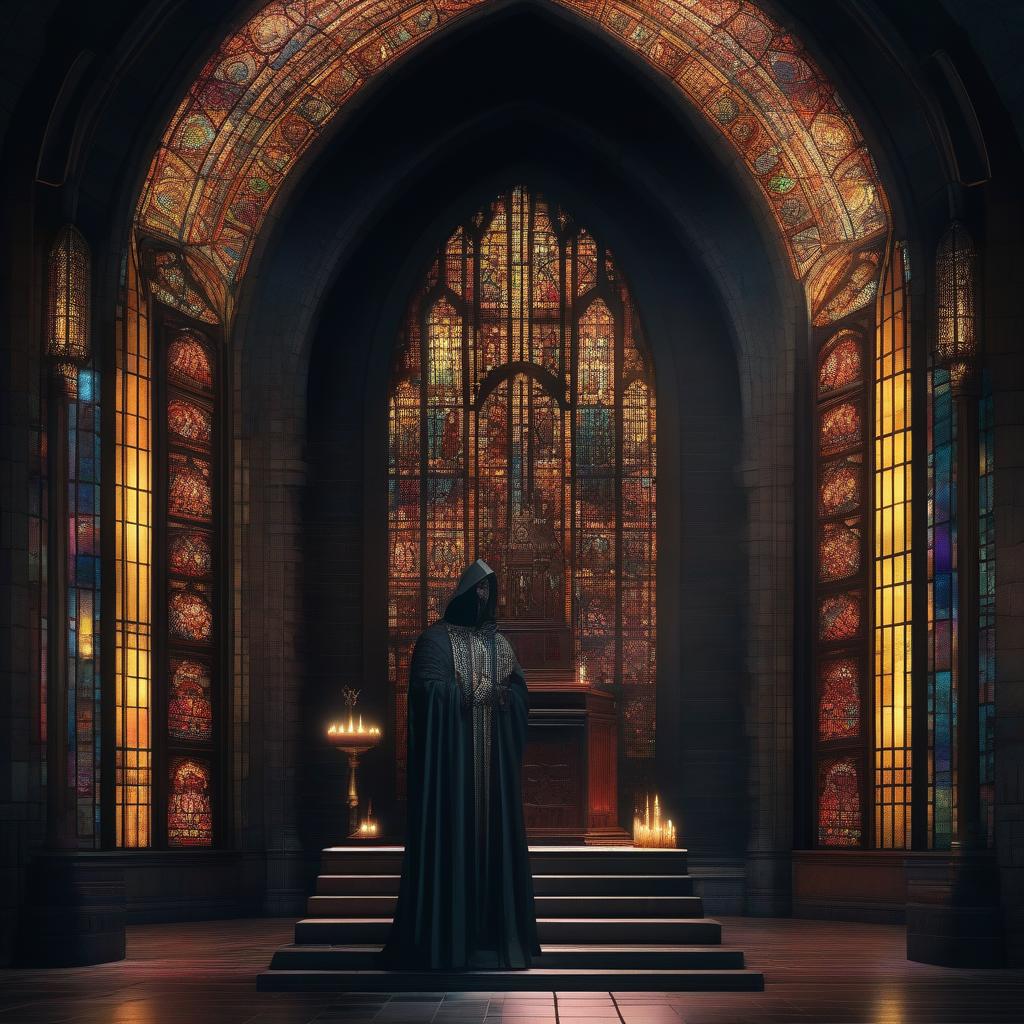  cthulhu priest, candle lit, stained glass cathedral, altar, dark, evil, ((masterpiece)), best quality, very detailed, high resolution, sharp, sharp image, extremely detailed, 4k, 8k