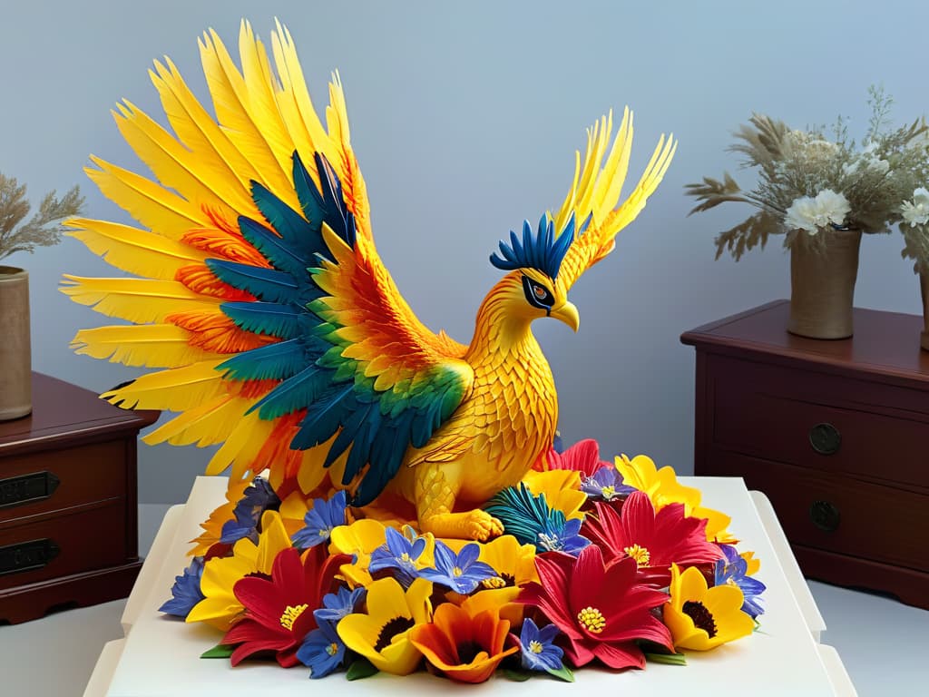  An intricately detailed sugar sculpture of a majestic phoenix rising from a bed of vibrant, blooming flowers, crafted with exquisite precision and delicate artistry. The sugar feathers of the phoenix catch the light, casting shimmering reflections around the room, while the flowers showcase a rainbow of colors, creating a mesmerizing and enchanting display of sugar artistry. hyperrealistic, full body, detailed clothing, highly detailed, cinematic lighting, stunningly beautiful, intricate, sharp focus, f/1. 8, 85mm, (centered image composition), (professionally color graded), ((bright soft diffused light)), volumetric fog, trending on instagram, trending on tumblr, HDR 4K, 8K