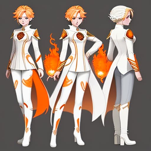  Character Sheet, Goddess, Fire Goddess, Young Woman, Short Blonde Fire Hair, Hair on Fire, Orange Eyes, White long tailcoat accented by Orange, White knee-high boots accented by orange, Grey Leggings, Anime, Fantasy, Futuristic, Modern