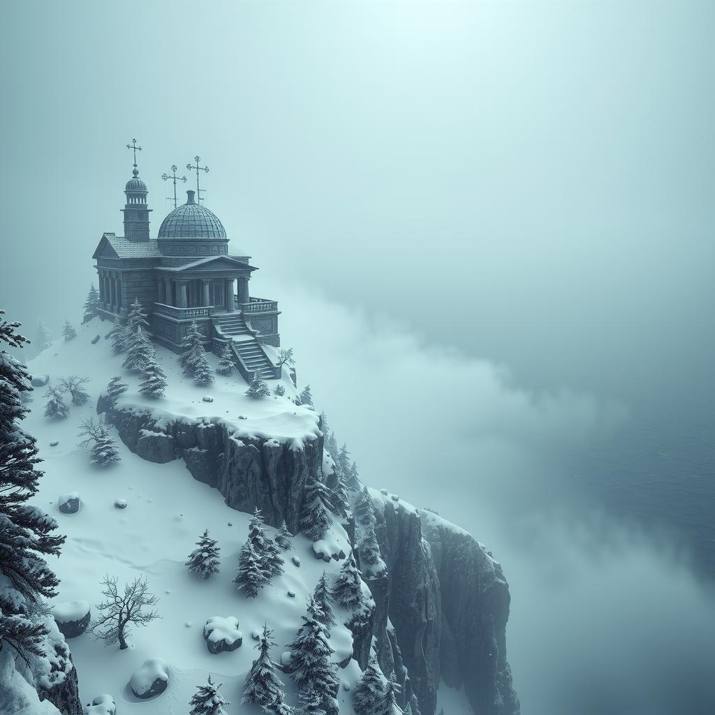  snowy arctic island covered in pine forests just above a stormy sea, the island looms 150 feet over the water in icy, treacherous cliffs, gothic mausoleum stands on the northern end of the island, haunting, 1990s ravenloft art ar 16:9 hyperrealistic, full body, detailed clothing, highly detailed, cinematic lighting, stunningly beautiful, intricate, sharp focus, f/1. 8, 85mm, (centered image composition), (professionally color graded), ((bright soft diffused light)), volumetric fog, trending on instagram, trending on tumblr, HDR 4K, 8K