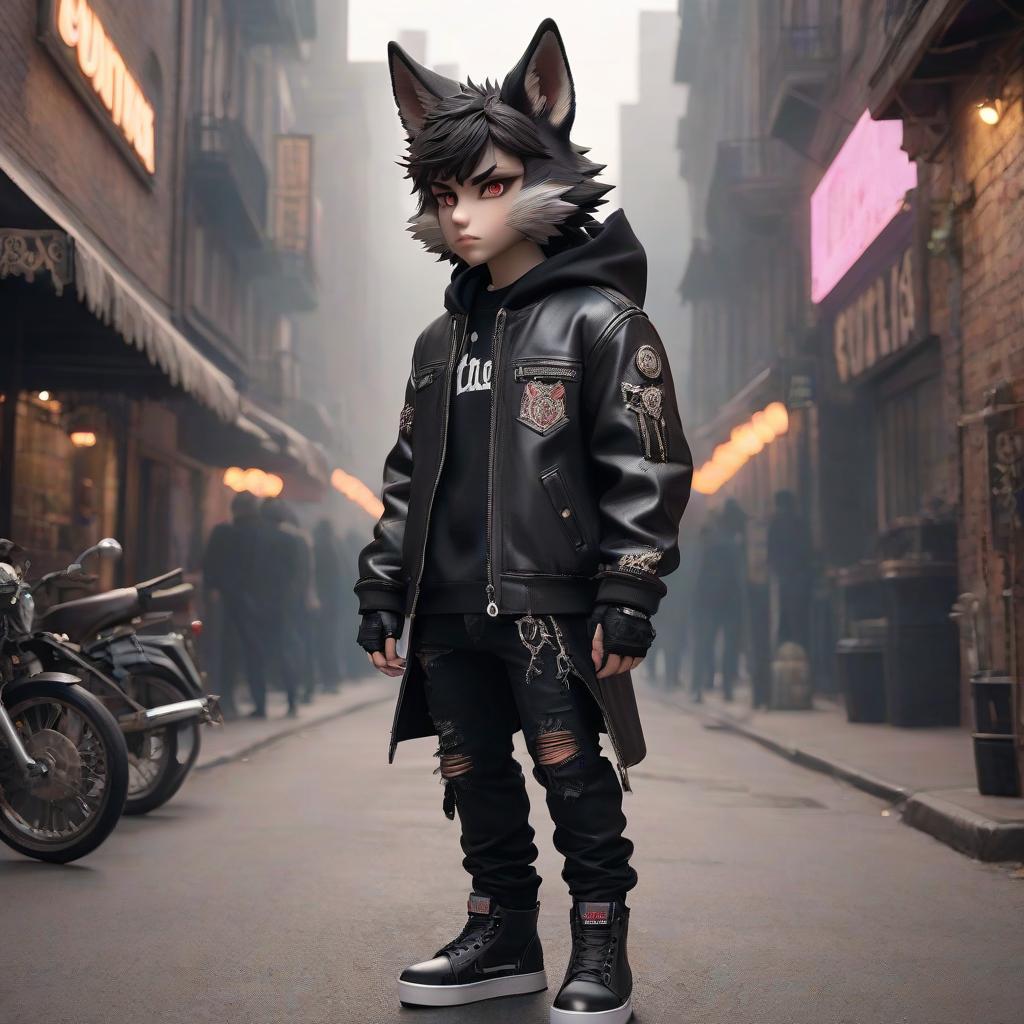  A boy, a skater, fair skin, rose colored eyes, wolf like ears, dark brown hair, black clothing in a punk style, stands full height. hyperrealistic, full body, detailed clothing, highly detailed, cinematic lighting, stunningly beautiful, intricate, sharp focus, f/1. 8, 85mm, (centered image composition), (professionally color graded), ((bright soft diffused light)), volumetric fog, trending on instagram, trending on tumblr, HDR 4K, 8K