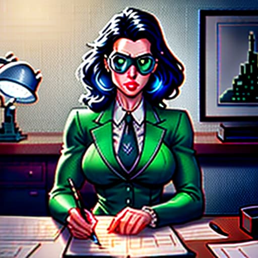  Draw a cow person in a green suit, wearing goggles and a tie, sketching on paper on a space station. In the background, there's a small obelisk where a planet, star, and nebula are visible. The room isn't very bright, a table lamp illuminates the desk, and a space themed poster hangs on the wall., (Pixel art) retro ,low resolution ,pixelated ,nostalgic hyperrealistic, full body, detailed clothing, highly detailed, cinematic lighting, stunningly beautiful, intricate, sharp focus, f/1. 8, 85mm, (centered image composition), (professionally color graded), ((bright soft diffused light)), volumetric fog, trending on instagram, trending on tumblr, HDR 4K, 8K