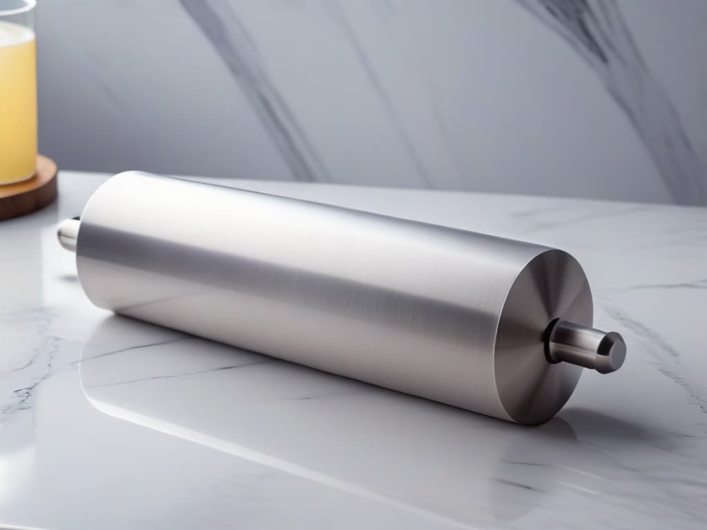  A closeup, ultradetailed image of a sleek, modern stainless steel rolling pin resting on a light marble countertop. The rolling pin is impeccably clean, reflecting the soft ambient lighting in the kitchen. Its surface is so smooth that every tiny scratch and imperfection is visible, showcasing its highquality craftsmanship and durability. The marble countertop underneath provides a luxurious backdrop, with subtle veins running through the stone, adding a touch of elegance to the overall minimalist composition. hyperrealistic, full body, detailed clothing, highly detailed, cinematic lighting, stunningly beautiful, intricate, sharp focus, f/1. 8, 85mm, (centered image composition), (professionally color graded), ((bright soft diffused light)), volumetric fog, trending on instagram, trending on tumblr, HDR 4K, 8K