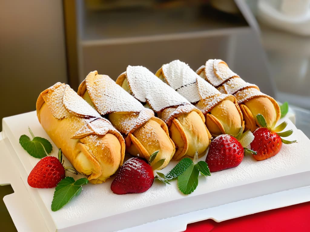  A highresolution, minimalist image of a traditional Sicilian bakery showcasing a display of freshly made cannoli lined up neatly on a marble countertop. The cannoli are dusted with powdered sugar and garnished with vibrant red strawberries and green mint leaves, exuding an authentic and inviting feel. The soft natural light coming through a nearby window highlights the textures of the crispy cannoli shells and creamy ricotta filling, evoking a sense of tradition and culinary craftsmanship. hyperrealistic, full body, detailed clothing, highly detailed, cinematic lighting, stunningly beautiful, intricate, sharp focus, f/1. 8, 85mm, (centered image composition), (professionally color graded), ((bright soft diffused light)), volumetric fog, trending on instagram, trending on tumblr, HDR 4K, 8K