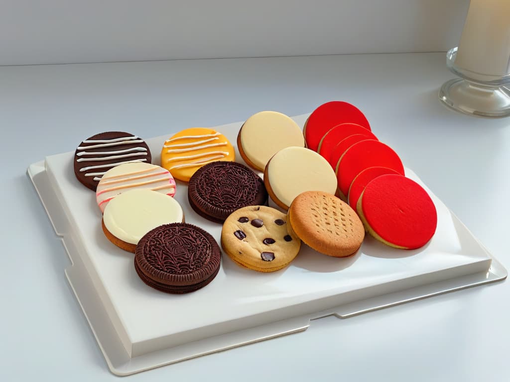  A minimalist yet highly detailed image of a beautifully arranged assortment of European traditional cookies on a sleek, modern platter. Each cookie is intricately designed and meticulously decorated, showcasing the rich cultural diversity of traditional European cookie recipes. The color palette is elegant and sophisticated, with a focus on warm, inviting tones that evoke a sense of comfort and nostalgia. The lighting is soft and natural, highlighting the textures and patterns of the cookies, creating a visually stunning and mouthwatering display that perfectly complements the article's theme of exploring the delicious tradition of European cookies. hyperrealistic, full body, detailed clothing, highly detailed, cinematic lighting, stunningly beautiful, intricate, sharp focus, f/1. 8, 85mm, (centered image composition), (professionally color graded), ((bright soft diffused light)), volumetric fog, trending on instagram, trending on tumblr, HDR 4K, 8K