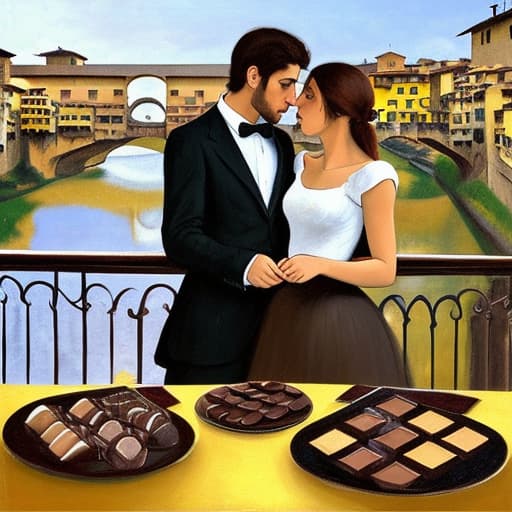  Attractive Beautiful young modern Italian couple dressed in modern designer attire looking. Foreground plates of fine dark chocolates on a table. Background ponte vecchio bridge florence. Painting style of Edgar Degas