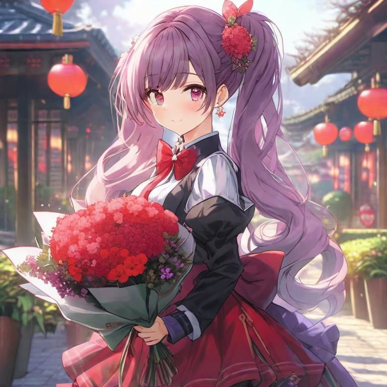  anime holding flowers wearing a with purple hair and purple accessories, 1, keqing (genshin impact), , solo, flower, twintails, cone hair bun, thighhighs, plaid, purple eyes, purple hair, bowtie, long hair, bow, outdoors, jacket, looking at viewer, hair bun, bouquet, holding, uniform, red bow, red bowtie, petals, hair ornament, plaid , jewelry, frilled , black thighhighs, tree, shirt, earrings, frills, long sleeves, holding bouquet, smile, looking at viewer, (best quality: 1.5), (top quality: 1.2, ultra quality:1.5) hyperrealistic, full body, detailed clothing, highly detailed, cinematic lighting, stunningly beautiful, intricate, sharp focus, f/1. 8, 85mm, (centered image composition), (professionally color graded), ((bright soft diffused light)), volumetric fog, trending on instagram, trending on tumblr, HDR 4K, 8K