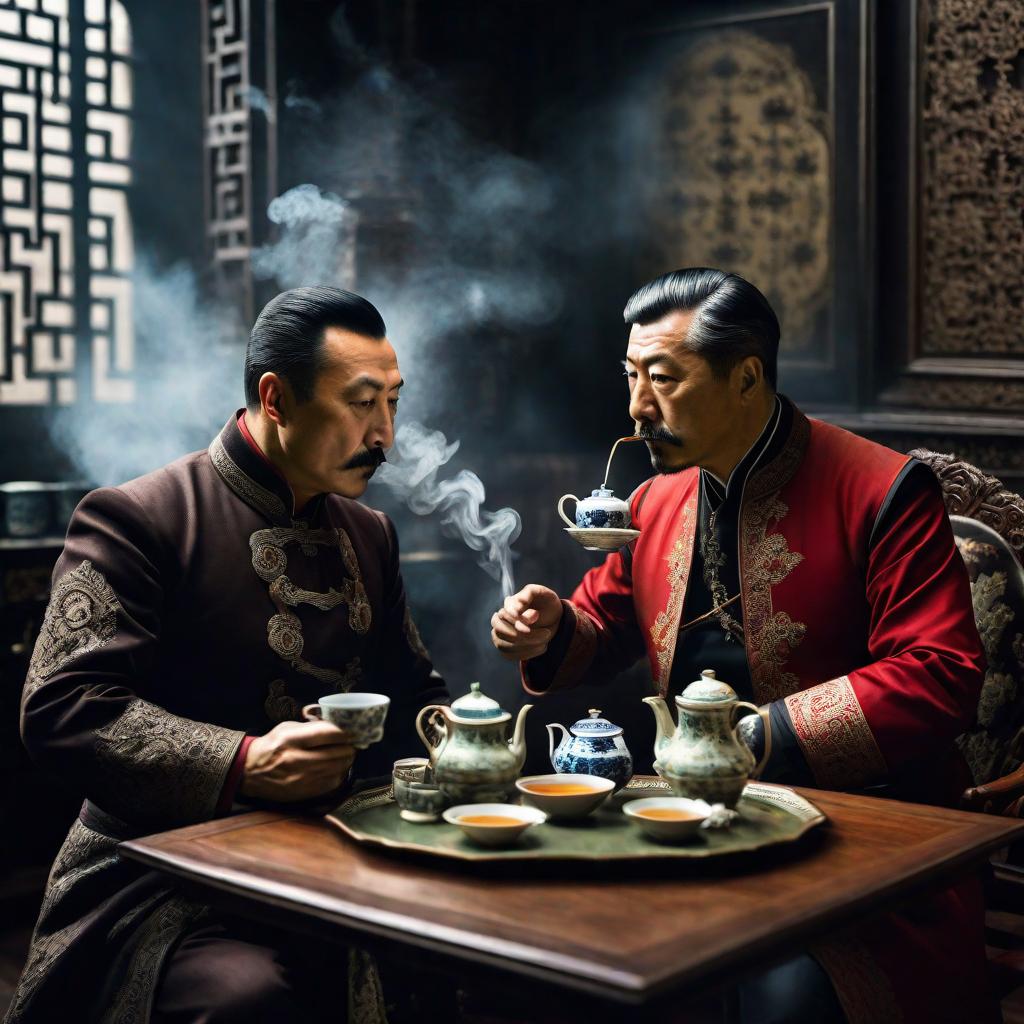  Turkish reformist Tevfik Fikret and Chinese writer Lu Xun are drinking tea in Istanbul hyperrealistic, full body, detailed clothing, highly detailed, cinematic lighting, stunningly beautiful, intricate, sharp focus, f/1. 8, 85mm, (centered image composition), (professionally color graded), ((bright soft diffused light)), volumetric fog, trending on instagram, trending on tumblr, HDR 4K, 8K