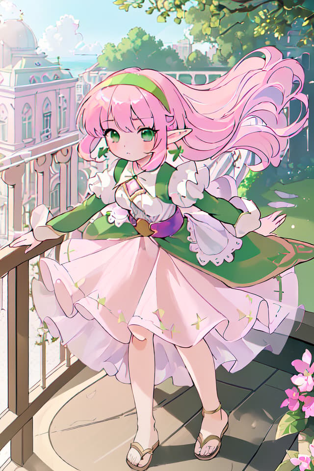  (Best masterpiece: 1.5),(Highest image quality),(Super detail),(Super precision),(Super beautiful CG),(8K),1girl,elf,solo,green eyes,pink hair,hair parted in the center ,（close up）,headband,ONE PIECE,sandals,hair blowing in the wind,balcony ,midday sunshine,high angle,