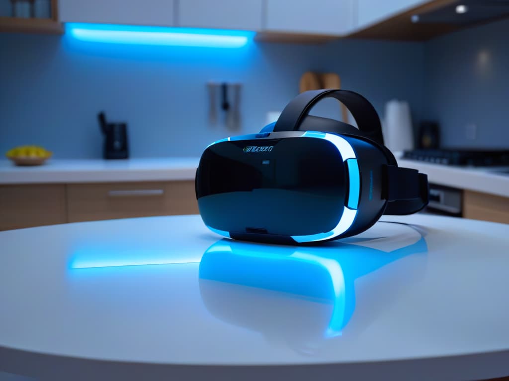  An ultradetailed image of a futuristic virtual reality headset placed on a sleek, minimalist kitchen countertop. The headset is glowing with a soft blue light, reflecting off the pristine surface below. The background is blurred, emphasizing the cuttingedge technology in the foreground. hyperrealistic, full body, detailed clothing, highly detailed, cinematic lighting, stunningly beautiful, intricate, sharp focus, f/1. 8, 85mm, (centered image composition), (professionally color graded), ((bright soft diffused light)), volumetric fog, trending on instagram, trending on tumblr, HDR 4K, 8K