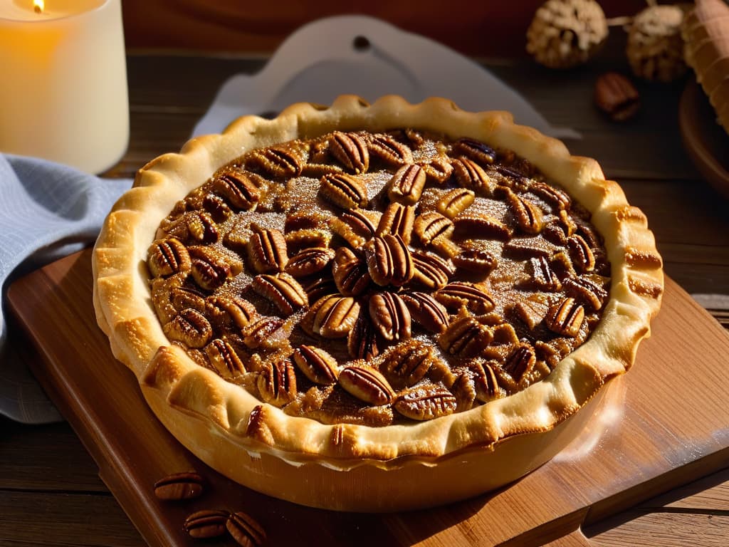  A closeup, ultradetailed image of a freshly baked Pecan Pie resting on a rustic wooden table, showcasing the golden, flaky crust, caramelized pecan topping, and a hint of steam rising from the warm pie. The caramel drizzle elegantly cascades down the sides, with a few whole pecans scattered around the pie, emphasizing its rich, indulgent texture. The lighting is soft, accentuating the pie's glossy finish and creating a warm, inviting atmosphere that perfectly complements the authentic Pecan Pie recipe being featured in the article. hyperrealistic, full body, detailed clothing, highly detailed, cinematic lighting, stunningly beautiful, intricate, sharp focus, f/1. 8, 85mm, (centered image composition), (professionally color graded), ((bright soft diffused light)), volumetric fog, trending on instagram, trending on tumblr, HDR 4K, 8K