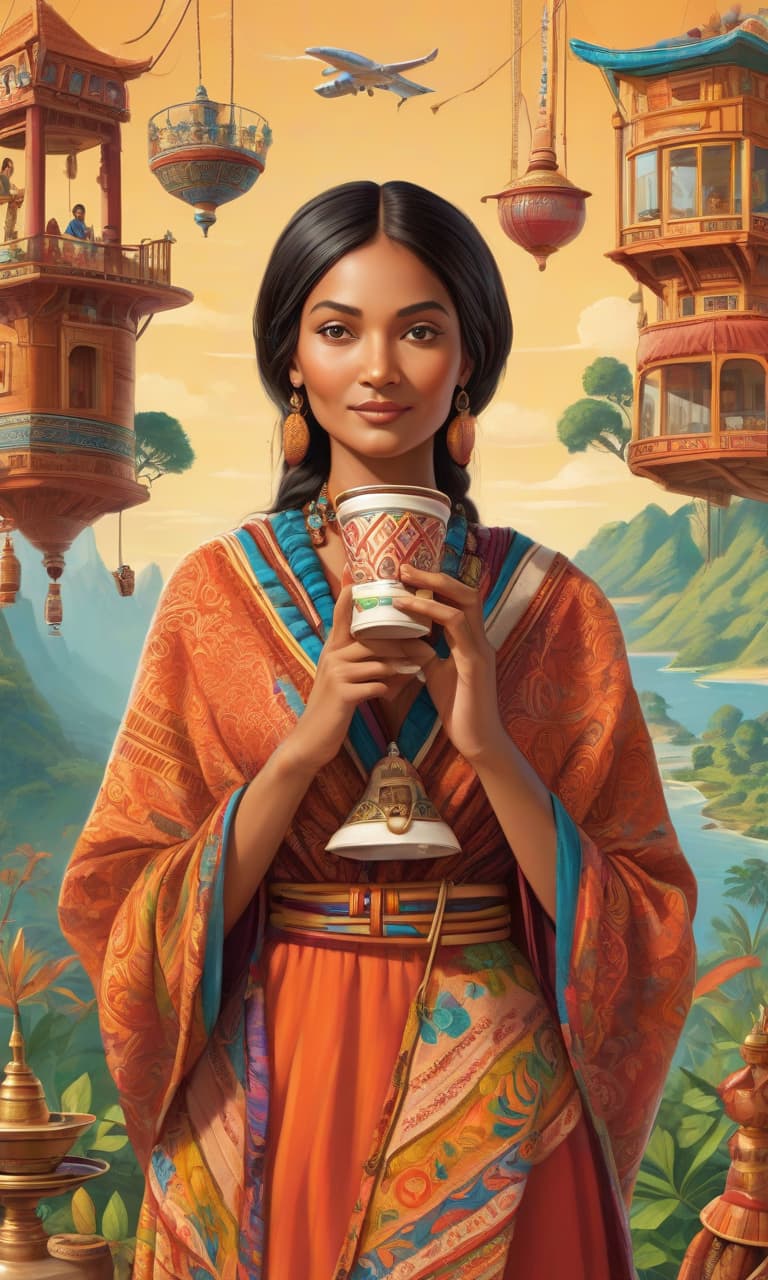  Visually representing a place where inventions and adventures feel, a detailed and deep image. A woman in ethnic clothing holds a cup with both hands, filled with a beverage. Use only three colors and their shades. Translate: Visual representation of a place imbued with inventions and adventures; detailed and deep image. A woman with ethnic attire holds a cup with both hands, filled with a drink. Limited to three colors and their variations. hyperrealistic, full body, detailed clothing, highly detailed, cinematic lighting, stunningly beautiful, intricate, sharp focus, f/1. 8, 85mm, (centered image composition), (professionally color graded), ((bright soft diffused light)), volumetric fog, trending on instagram, trending on tumblr, HDR 4K, 8K