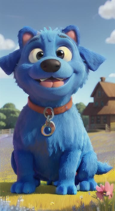  {A happy, big blue dog wagging its tail in a colorful meadow, The big blue dog is large with sky blue fur, big round eyes, a black nose, and floppy ears.