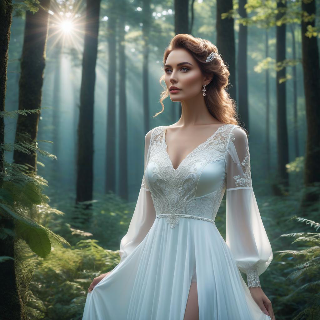  A young , a aristocrat, eigh year, in a simple white dress, nut hair, hair ided into a long id, against the backdrop of a forest, LOOKING AT THE SKY, clear focus, bright and sharp eyes, well drawn details, bright and lively eyes, beautiful portrait ilration, portrait in the style of fantasy, no makeup, no cosmetics on the face, blue and white reflections, bright colors, bright eyes, fantastic art, intricate design, highly detailed, clear focus, 8K, high resolution, elegant, hyperrealistic, full body, detailed clothing, highly detailed, cinematic lighting, stunningly beautiful, intricate, sharp focus, f/1. 8, 85mm, (centered image composition), (professionally color graded), ((bright soft diffused light)), volumetric fog, trending on instagram, trending on tumblr, HDR 4K, 8K