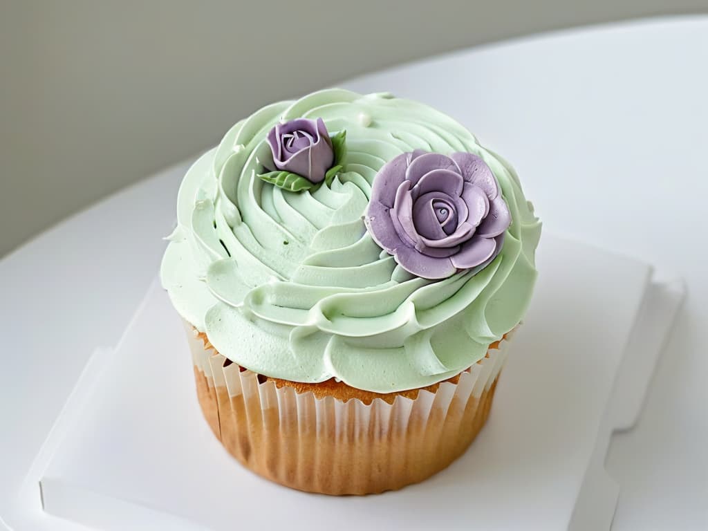  A closeup, ultradetailed image of a perfectly frosted cupcake with intricate floral decorations made from buttercream, set against a clean, white background. The frosting is smooth and glossy, showcasing delicate piping work in shades of pastel pink, lavender, and mint green. The intricate floral details include tiny roses, leaves, and buds, adding a touch of elegance and sophistication to the sweet treat. hyperrealistic, full body, detailed clothing, highly detailed, cinematic lighting, stunningly beautiful, intricate, sharp focus, f/1. 8, 85mm, (centered image composition), (professionally color graded), ((bright soft diffused light)), volumetric fog, trending on instagram, trending on tumblr, HDR 4K, 8K