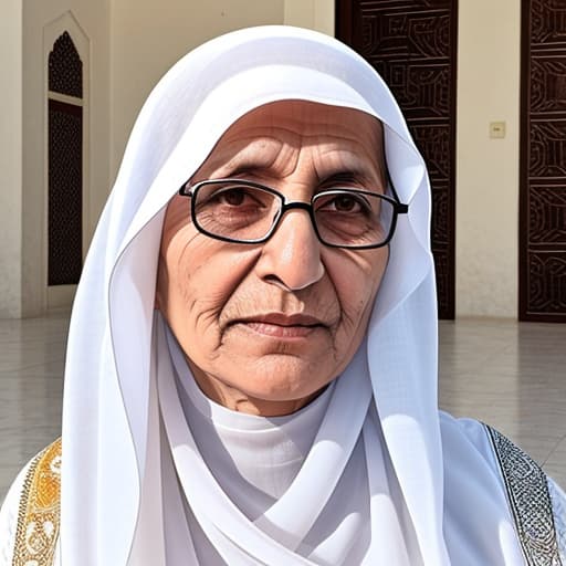  Generate an image of an Arabian grandmother from Jeddah, Saudi Arabia, wearing a white or off-white Hijab and glasses. The photo should capture her from the front, highlighting her traditional attire and reflecting the cultural essence of the Hijaz region.