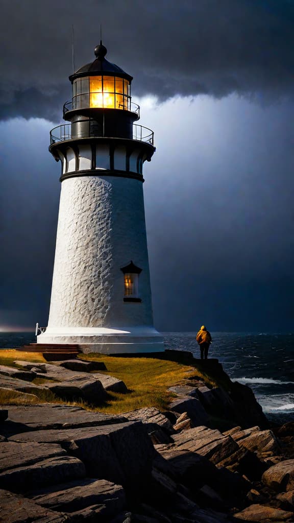  (A stormy night at a rugged, old lighthouse on Merrill Point, with the lighthouse's golden beam casting across the restless, churning sea) hyperrealistic, full body, detailed clothing, highly detailed, cinematic lighting, stunningly beautiful, intricate, sharp focus, f/1. 8, 85mm, (centered image composition), (professionally color graded), ((bright soft diffused light)), volumetric fog, trending on instagram, trending on tumblr, HDR 4K, 8K