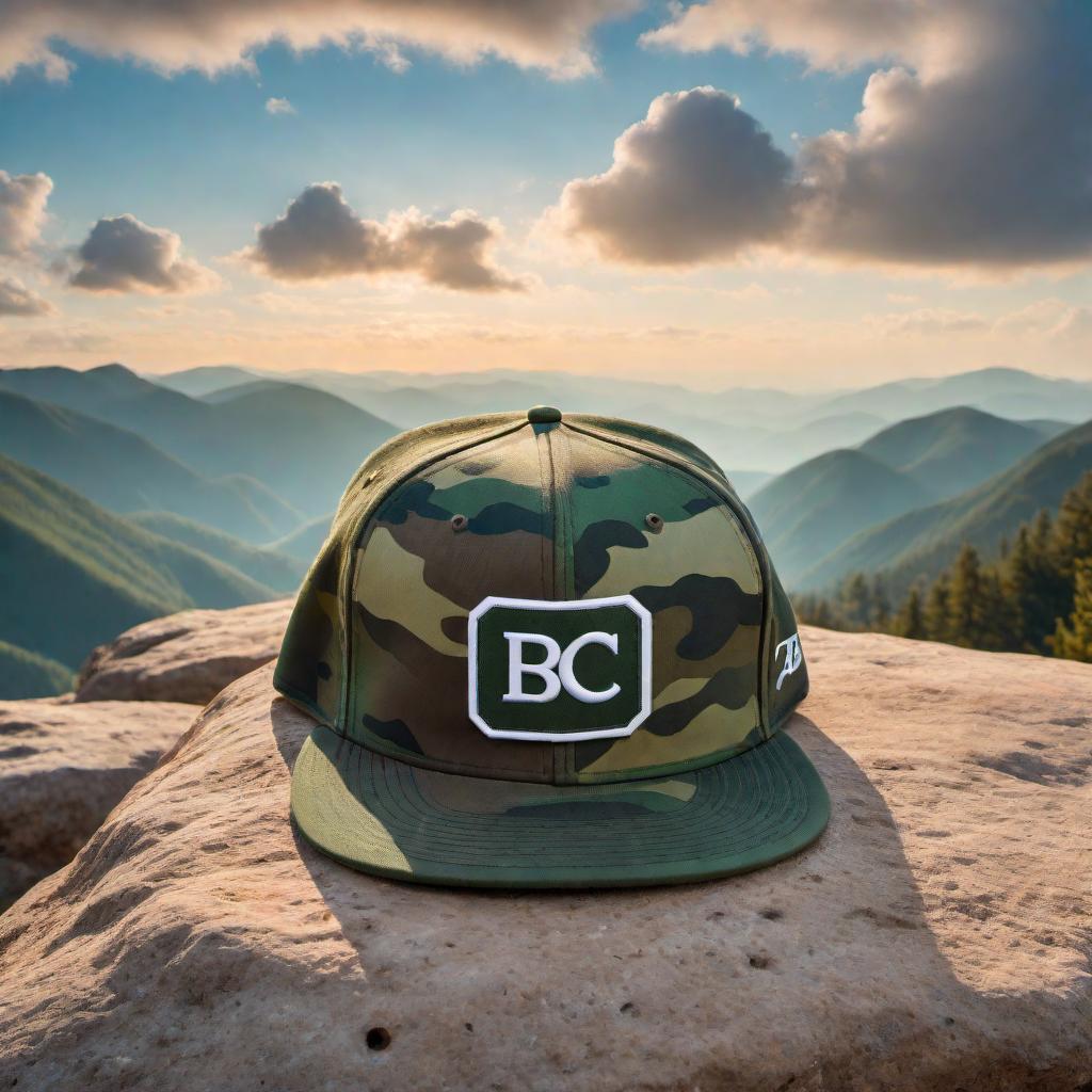  A flat bill hat in a green camo pattern with the initials 'BC' in cursive font on the front. The hat should be plain with only the initials, stylish and modern, displayed in a neutral studio setting. hyperrealistic, full body, detailed clothing, highly detailed, cinematic lighting, stunningly beautiful, intricate, sharp focus, f/1. 8, 85mm, (centered image composition), (professionally color graded), ((bright soft diffused light)), volumetric fog, trending on instagram, trending on tumblr, HDR 4K, 8K