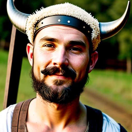  alvin the older-young poor-but-honest-farmer a skinny older-young good looking viking with A bald head a carly black mustache with A viking helmet with horns on it from cartoon