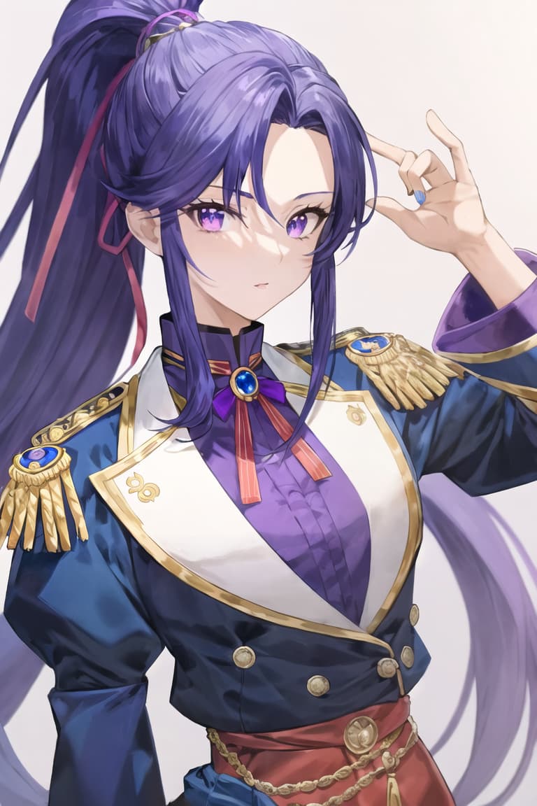  master piece , best quality,She is rock solid looking. Her hair is a gradient of blue and purple and is pulled into a high ponytail. Her eyes are yellow. She wears a red uniform, which looks like something a prince would wear, but it is a skirt. It has a cool blue ribbon around its neck.