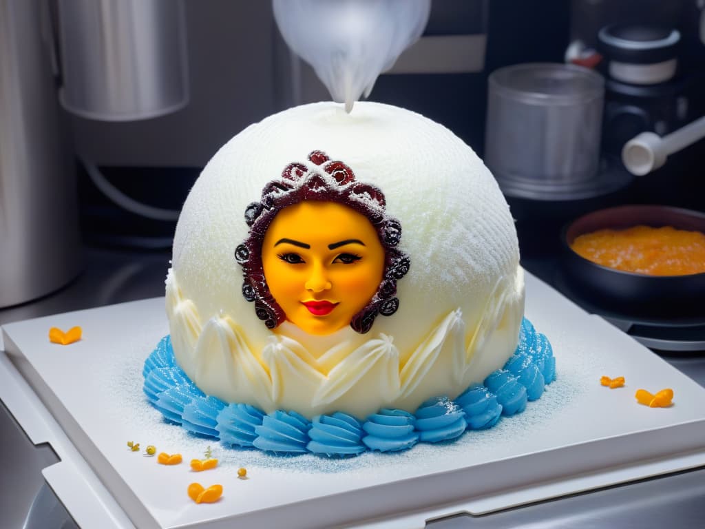  A highresolution image of a futuristic 3D printer creating an intricately designed dessert in the shape of a famous celebrity's face, surrounded by a team of chefs and technologists collaborating on the innovative dessert creation. The dessert is colorful and visually striking, showcasing the unique blend of technology and culinary artistry in the world of celebritythemed 3D desserts. hyperrealistic, full body, detailed clothing, highly detailed, cinematic lighting, stunningly beautiful, intricate, sharp focus, f/1. 8, 85mm, (centered image composition), (professionally color graded), ((bright soft diffused light)), volumetric fog, trending on instagram, trending on tumblr, HDR 4K, 8K