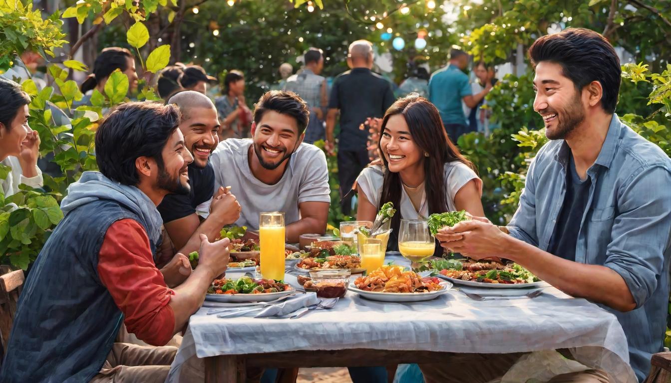  digital illustration Everyday scenes: people greeting with smiles, helping one another, sharing meals, under a luminous sky, community, kindness, emerging awareness looking at viewer, dynamic pose, (intricate details, masterpiece, best quality)