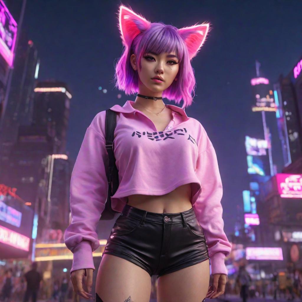  a girl with pink and purple hair in the shape of cat ears, she is wearing a pink open-top shirt and a black short, she stands with her left leg raised, a neon city around her., cute, hyper detail, full HD hyperrealistic, full body, detailed clothing, highly detailed, cinematic lighting, stunningly beautiful, intricate, sharp focus, f/1. 8, 85mm, (centered image composition), (professionally color graded), ((bright soft diffused light)), volumetric fog, trending on instagram, trending on tumblr, HDR 4K, 8K